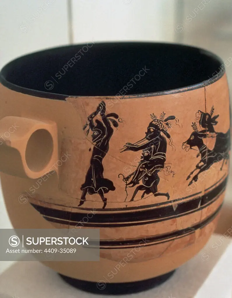 Greek Art. Greece. Skyphos dated between late 5th century and early 4th century. It depicts a wedding procession. Courtship with dancer and musician playing the double flute. Ceramics with black figures on a red. National Archaeological Museum. Athens.