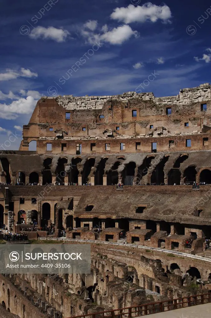 Italy, Rome. Flavian Amphitheatre or Colosseum. Roman period. Built in 70-80 CE. Flavian dynasty. Interior.