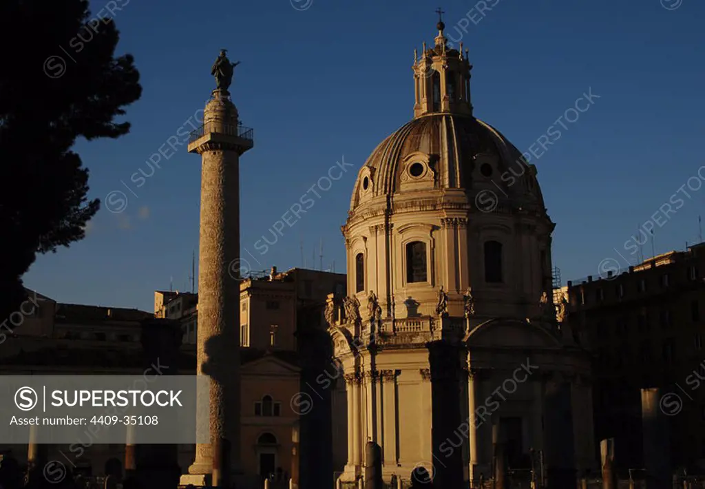Italy. Rome. Church of the Most Holy Name of Mary. 18th century. First, the Trajan Column, 2nd century AD. Trajan Forum.