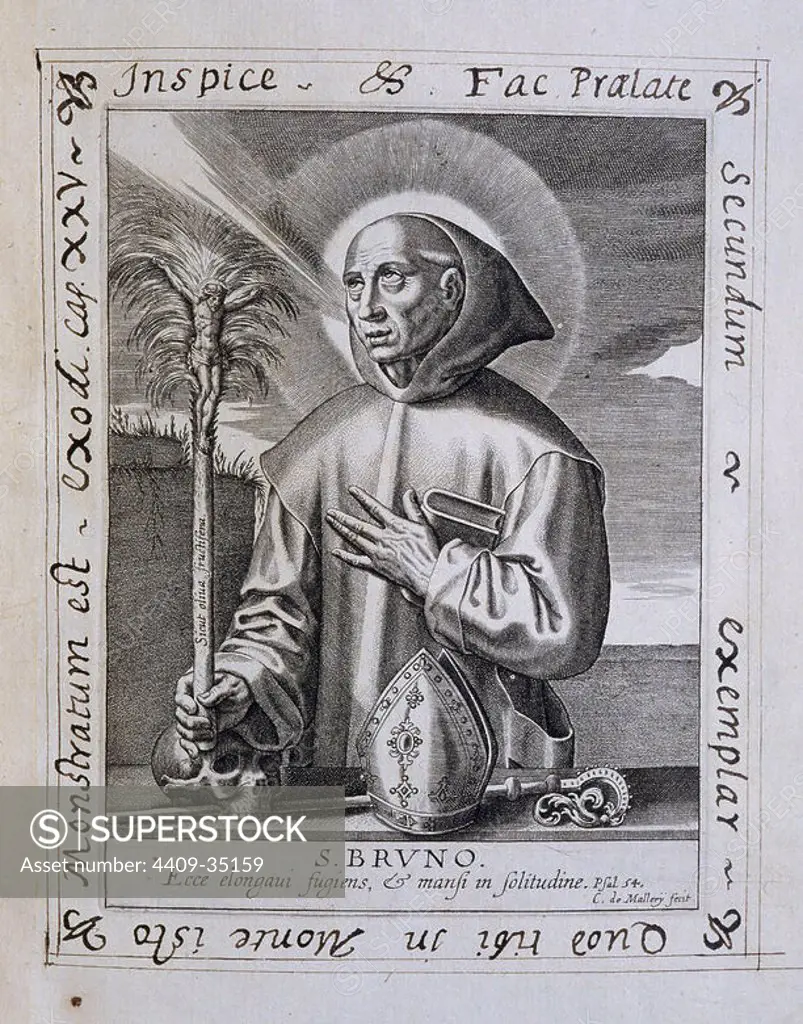 Saint Bruno of Cologne (ca.1030-1101). Founder of the Carthusian Order. Engraving, 17th-18th centuries.