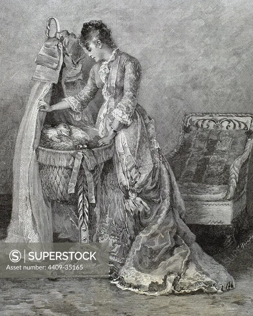 Mother beside the crib of her son. Nineteenth-century engraving.