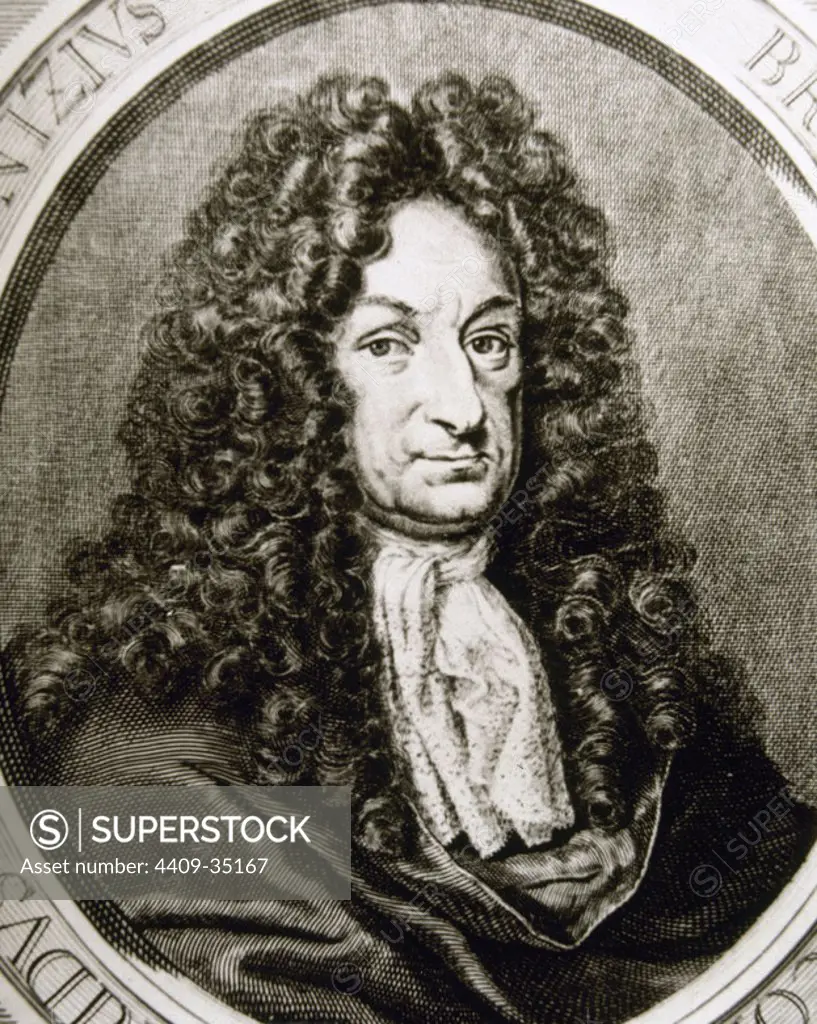 LEIBNIZ, Gottfried Wilhem (Leipzig,1646-Hannover, 1716). Filósofo, matemático, físico, jurista y diplomático alemán. La lógica es el campo donde Leibniz mostró al máximo la originalidad de su genio. Grabado.