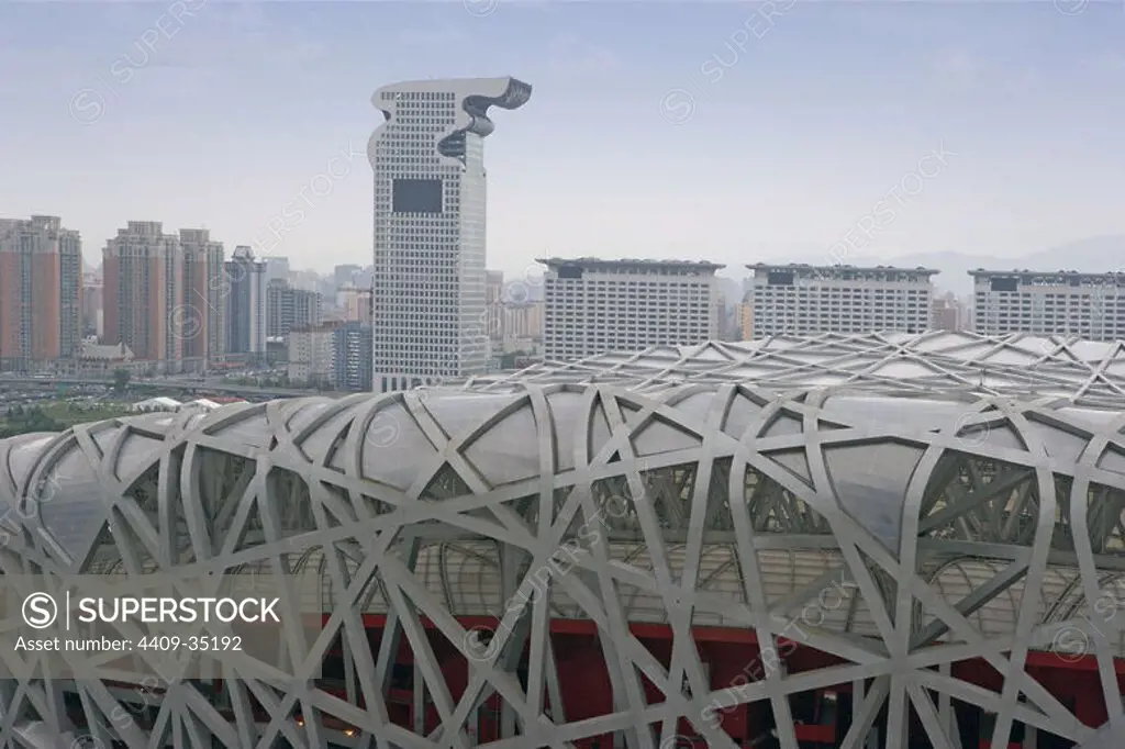 China. Beijing National Stadium (Bird's Nest), built for the 2008 Olympic Games by Jacques Herzog and Pierre de Meuron.