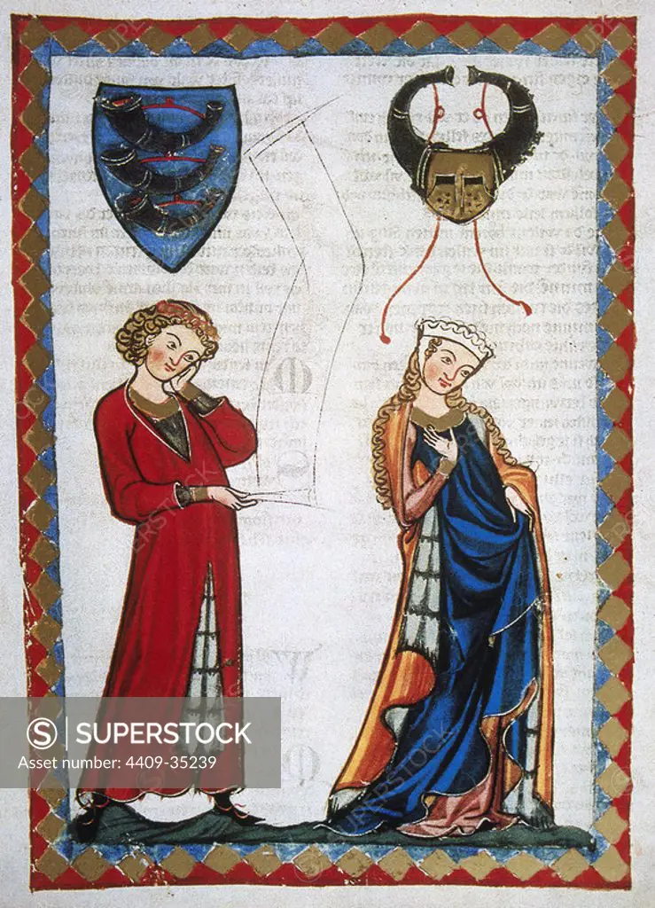 Gottfried Von Neifen, poet of Henry VII and the Emperor Frederick II, rejected by a married lady. On the left, the emblem of the poet. Codex Manesse (ca.1300) by Rudiger Manesse and his son Johannes. Fol. 32v. University of Heidelberg. Library. Germany.