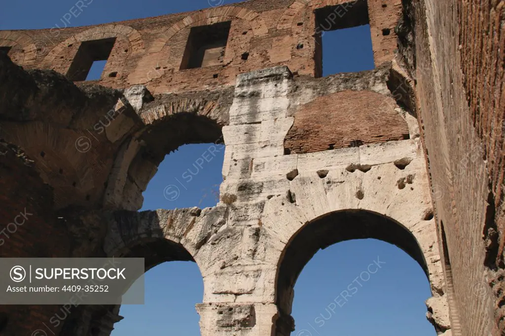 Roman Art. The Colosseum or Flavian Amphitheatre. Inside view. Detail. Rome. Italy.