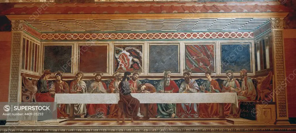 Andrea del Castagno (or Andrea di Bartolo di Bargilla) (c. 1421Ð1457) . Italian painter from Florence. The Last Supper. Fresco. Church of Sant'Apollonia. Florence. Italy.