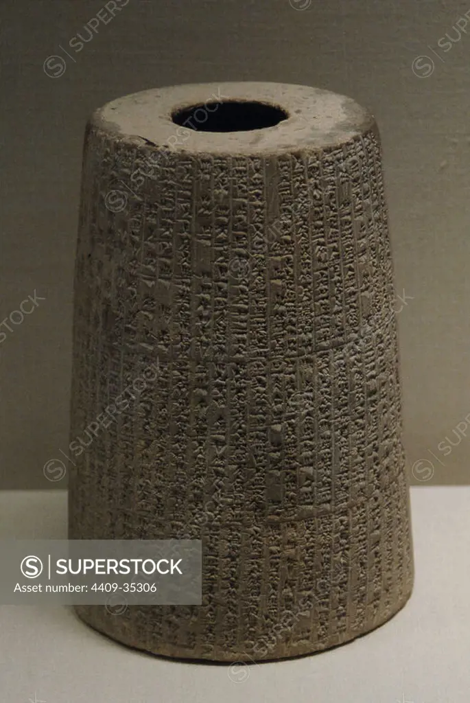 Mesopotamia. Babylon. Conical cylinder with inscriptions. Period of Nebuchadnezzar (605-562 BC). Clay. Dallas Museum of Art. State of Texas. United States of America.