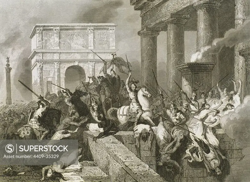 Sack of Rome by the Visigoths led by Alaric I in 410, during the reign of Emperor Honorius. Engraving.