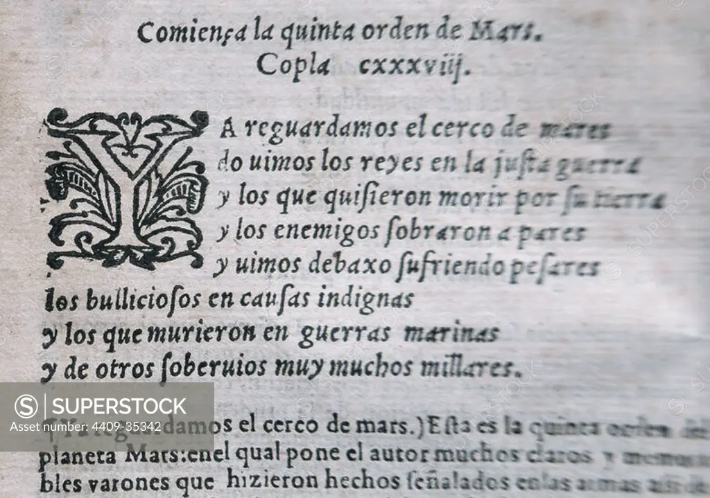 Juan de Mena (1411-1456). Spanish poet. Labyrinth of Fortune, or The Three Hundred, 1444. Edition in 1566, Alcala de Hernares. Poem CXXXVI.