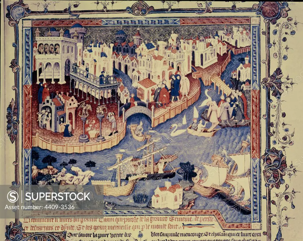 The Book of Wonders : Venice harbour. Illustration from the MarcoPolo's manuscript . 1400. Oxford, Bodleian library. England. Location: BIBLIOTECA BODLEYANA. OXFORD. ENGLAND.