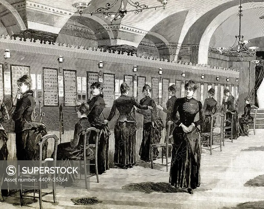 Telephone service in Madrid. Central office. Engraving, 1886.