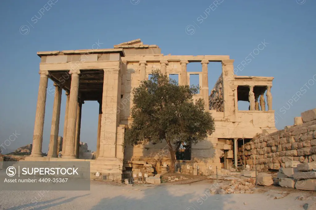 Greek Art. Erechtheion. Temple ionic. Was built between 421 - 407 BC. The Sw facade. Acropolis. Athens. Attica. Central Greece.