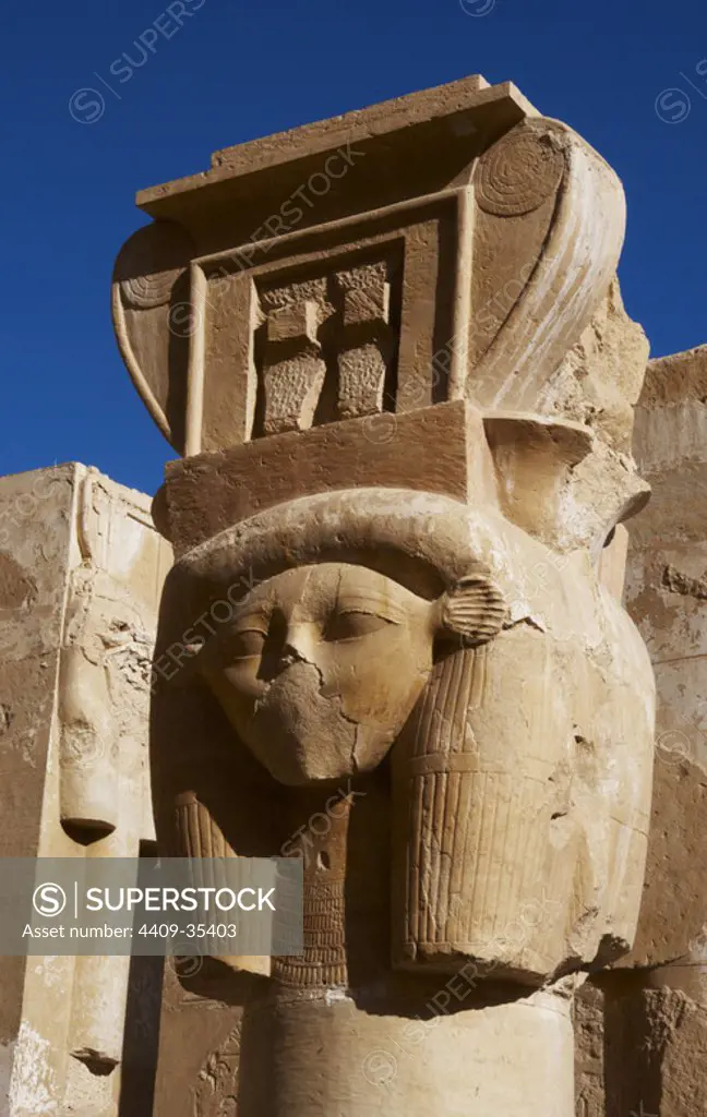 Hathor column pillar belonging to the Chapel of Hathor. Temple of Hatshepsut. Temple of Deir el-Bahari. Eighteenth Dynasty. New Kingdom. (PR).