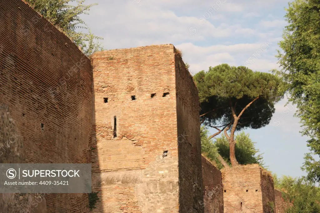Roman Art. Aurelian Walls (Mura Aureliane). Is a line of city walls built between 271 ang 275 in Rome, during the reign of the roman emperor Aurelian. Detail of the Aurelian Walls. Rome. Italy. Europe.