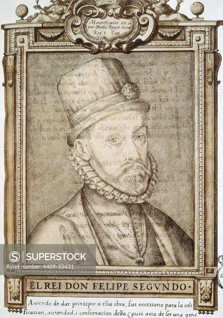 FELIPE II (Valladolid, 1527-El Escorial, 1598). Rey de España (1556-98), uno de los monarcas más importantes de la casa de Austria, hijo de Carlos I y de la emperatriz Isabel, infanta portuguesa. Dibujo del monarca, realizado por Francisco PACHECO. Museo Lazaro Galdiano. Madrid. España.