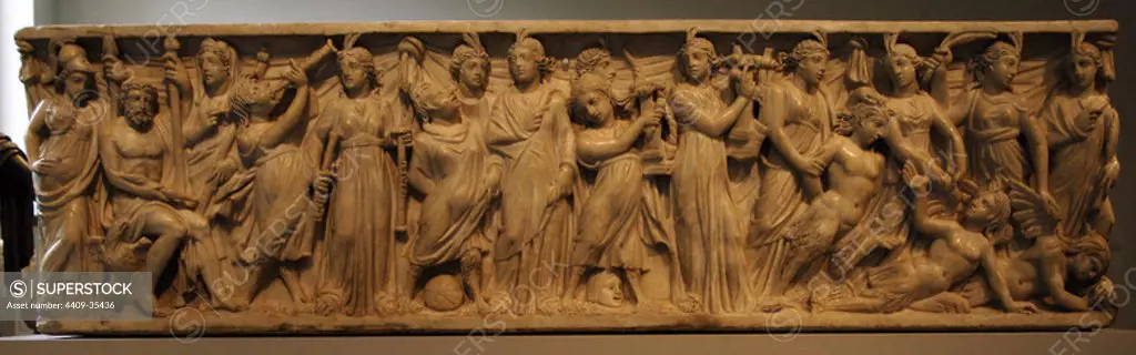 Roman Art. Marble sarcophagus with the contest between the Muses and the Sirens. The deities Athena, Zeus, and Hera, assembled at the far left, preside over a musical contest. 3rd century. Late Imperial period. Metropolitan Museum of Art. New York. United States.