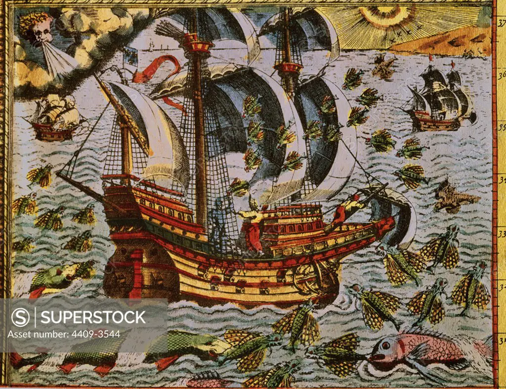 Flying fishes hitting Magellan's ship in the Pacific Ocean. Author: GERHARD MERCATOR. FERNANDO DE MAGALLANES. MAGALLANES HERNANDO.