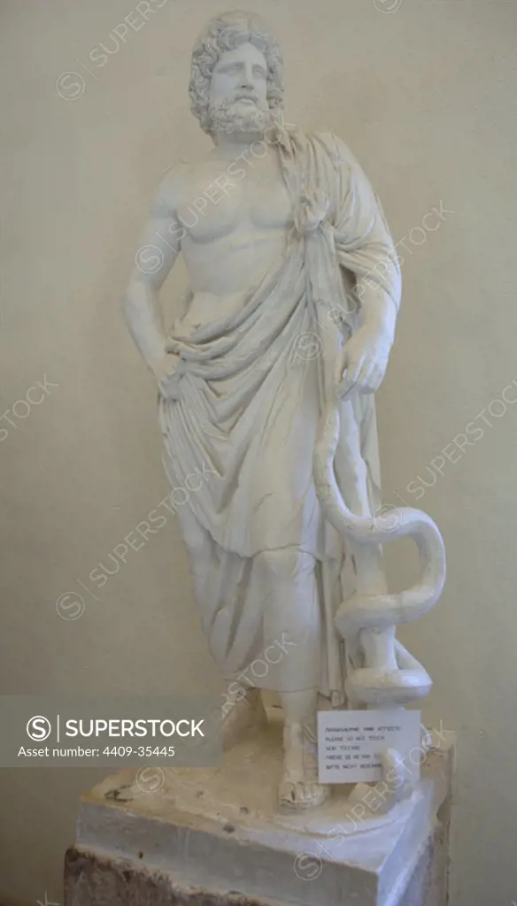 Greek Art. Statue of Asclepius God of Medicine. Museum of Epidaurus. Region of the Peloponnese. Greece.