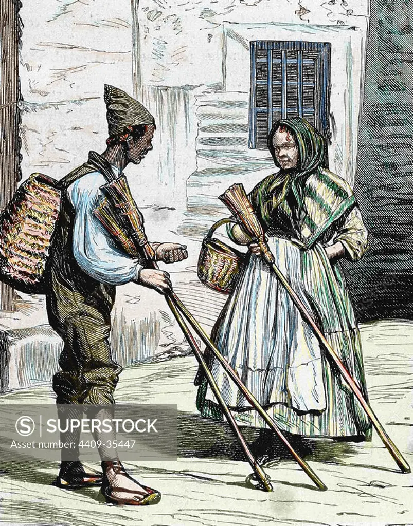 Popular types. Sellers of brooms. Valencia. Spain. Colored engraving in "The Spanish and American Illustration" (1872).