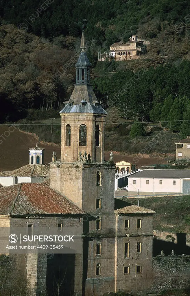 Spain. La Rioja. Monastery of San Millan de Yuso (16th-18th centuries). Exterior detail. At background, Monastery of San Millan de Suso.