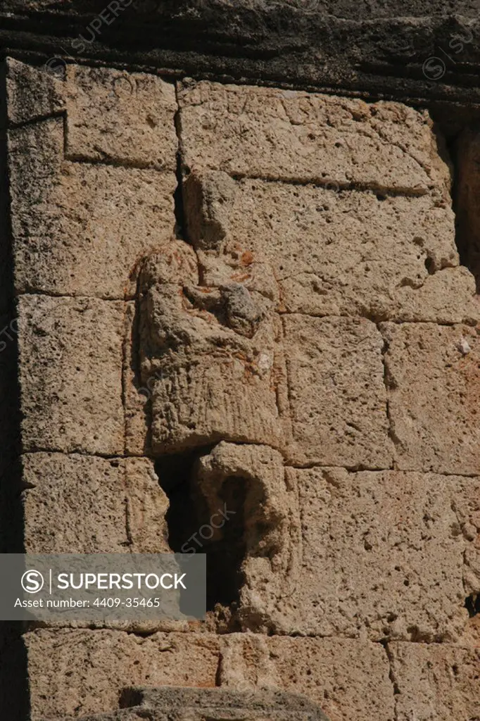 Roman Art. The Tower of the Scipions ( I century AD). Detail. High relief figure. Near Tarragona city. Catalonia. Spain.