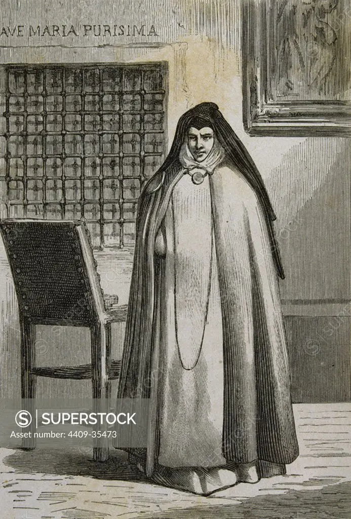 Sor Patrocinio (1811-1891). (Rafaela Maria de los Dolores). Spanish nun known as The Nun of the Wounds. She was tried and sentenced to exile for having simulated the appearance of stigmata on his body, and for supporting the Carlist cause. 19th century. Engraving.
