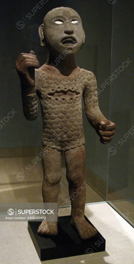 Statue depicting Xipe impersonator. Aztec. Last Postclassic Period (1350-1521). Volcanic stone, shell and paint. Area of Mexico City. Dallas Museum of Art. State of Texas. United States.