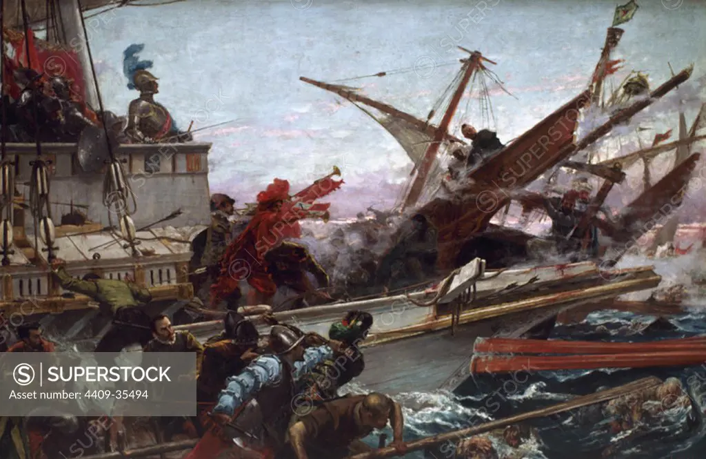 The Battle of Lepanto, 1887. Oil painting of Juan Luna y Novicio (1857-1900). Senate Hall. Madrid. Spain.