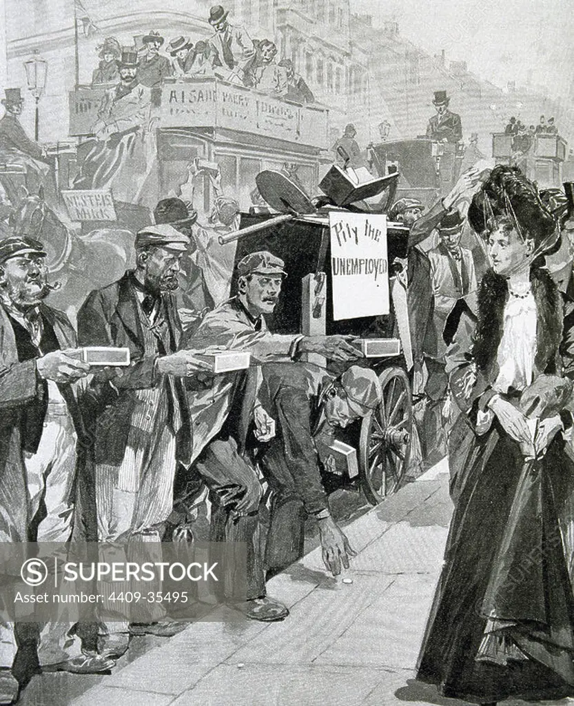 England. Economic Crisis (1903). Unemployed begging for alms on the streets of London. Engraving in L'Illustration '.