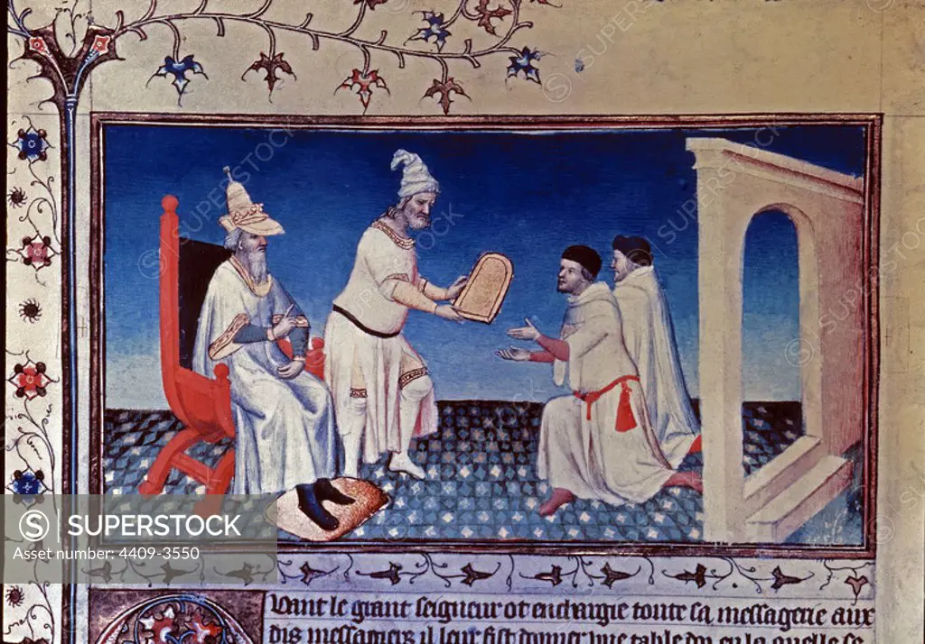 Illustration for the Speculum Historiale. Guyuk Khan and Batoe Khan are giving a letter for pope Innocent IV to Juan de Pian Carpino and Stephen of Bohemia in Karacorum. Author: BEAUVAIS VICENT DE. GUYUK KHAN. BATOE KHAN. PIAN CARPINO JUAN DE. BOHEMIA ESTEBAN DE.