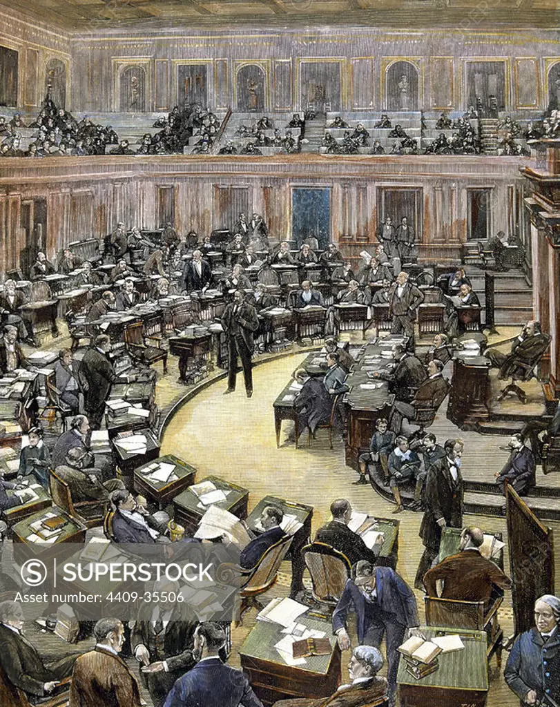 United States. Washington. Session of the Senate. 1896. The Spanish and American Illustration. Coloured engraving.