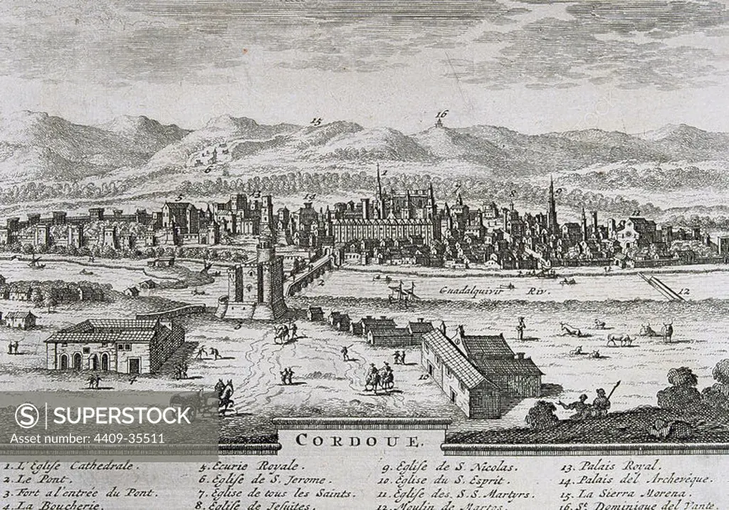 Spain. Andalusia. Cordoba. View of the city with the Sierra Morena in the background. Engraving in 'Delights of Spain and Portugal' (1707).