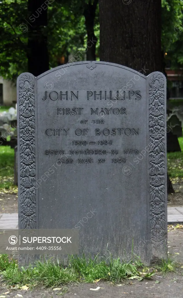 John Phillips (1770-1823). American politician. First mayor of Boston (1822-1823). Phillips' tomb in the cemetery Old Granary Burying Ground. Boston. Massachusetts. United States.