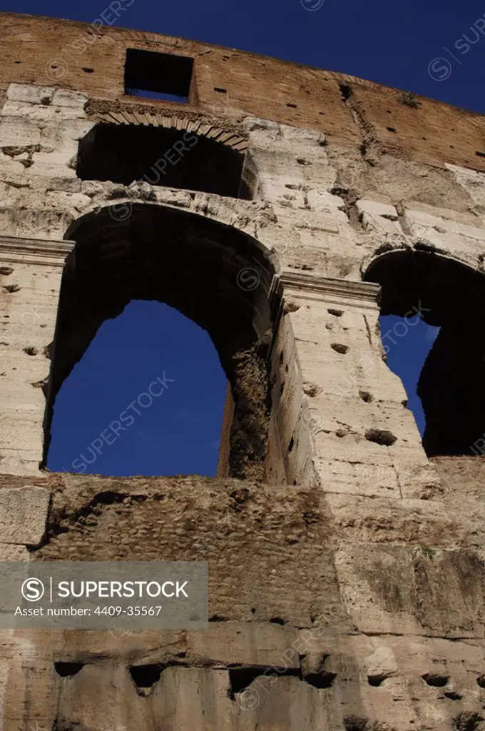 Flavian Amphitheatre or Coliseum. Roman period. Built in 70-80 CE, Flavian dynasty. Detail. Exterior.
