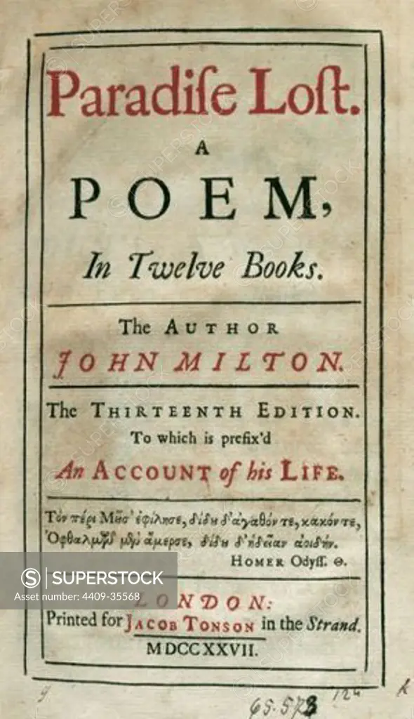 John Milton (1608-1674). English poet. Paradise Lost, 1667. Title cover of an edition printed in London, 1727. Library of Catalonia. Barcelona. Spain.