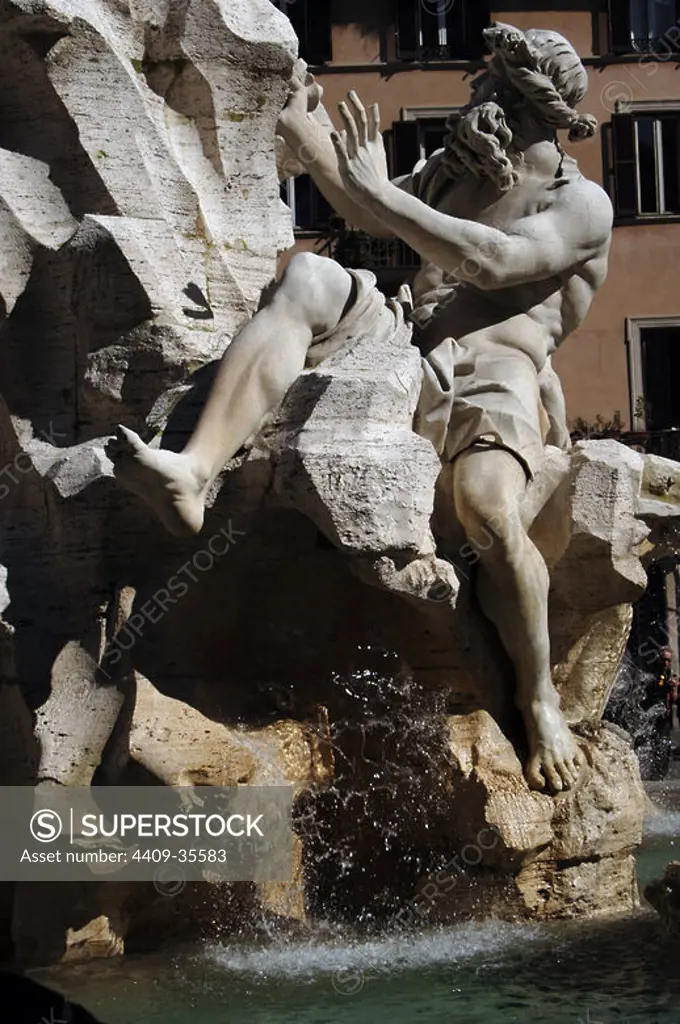 Italy. Rome. Fountain of Four Rivers, 1651, by Gian Lorenzo Bernini (1598-1680). Navona Square. Detail of the river-god Danube.