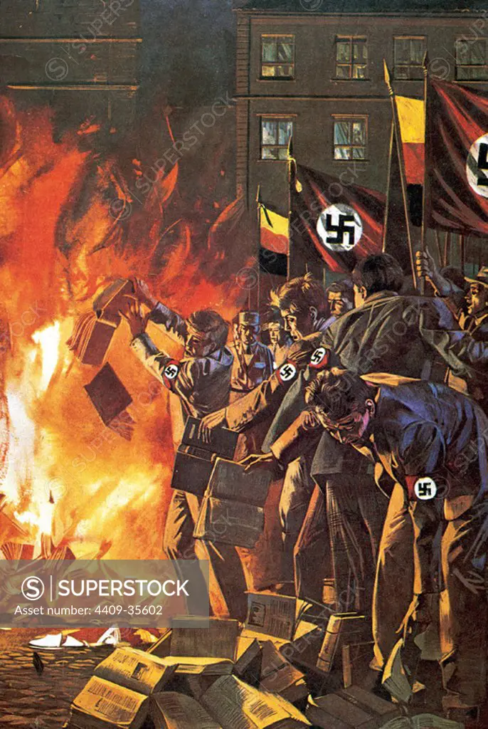 Nazism. Burning of books unrelated with the regime. Drawing.