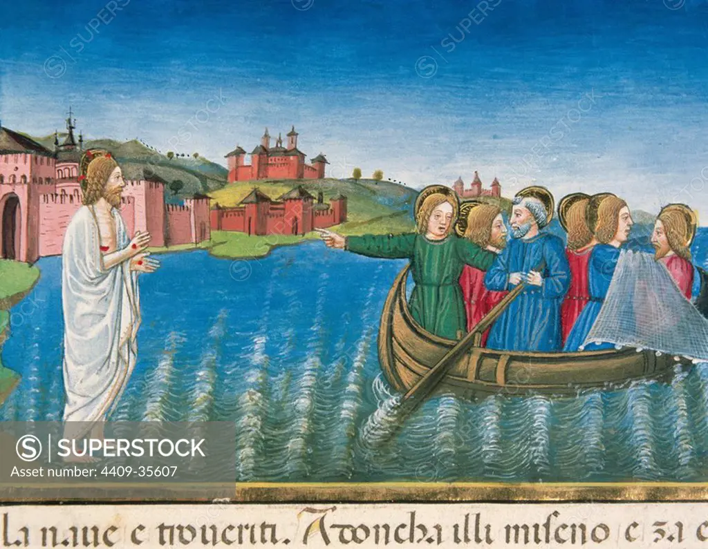 The disciples fishing in the Sea of Galilee. Codex of Predis (1476). Royal Library. Turin. Italy.