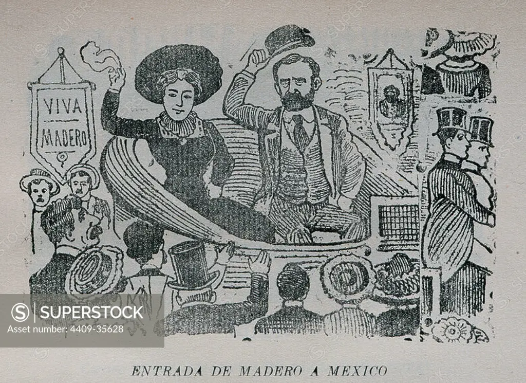 Francisco Madero (1873-1913). Mexican politician. Madero's entry to Mexico as a president. Engraving by Jose Guadalupe Posada, mexican engraver.