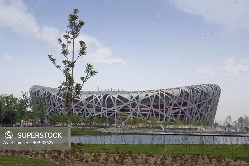 China. Beijing National Stadium (Bird's Nest), built for the 2008 Olympic Games by Jacques Herzog and Pierre de Meuron. Construction.