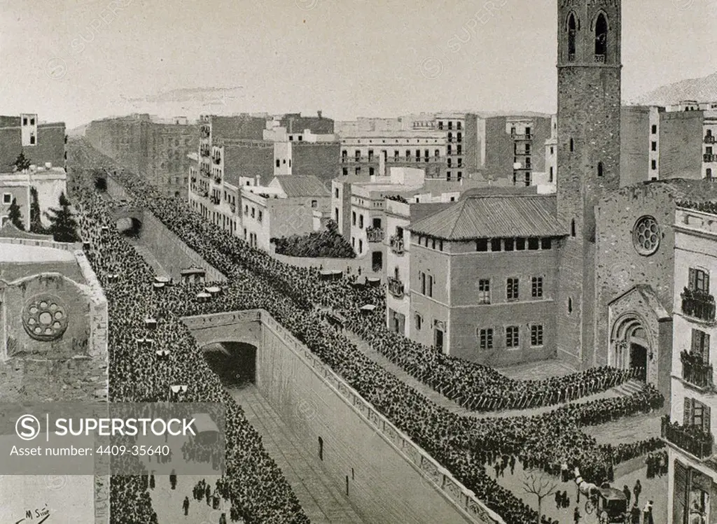 Evaristo Arnaus y de Ferrer (1820-1890). Spanish financier. Arnaus burial. Arrival of the funeral procession to the church of Our Lady of Conception. Barcelona. Catalonia. Spain.