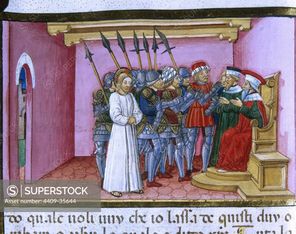 Jesus before Pilate who tries to convince the Jews to set free him. Illuminated pages of the Codex of Predis (1476). Royal Library. Turin. Italy.