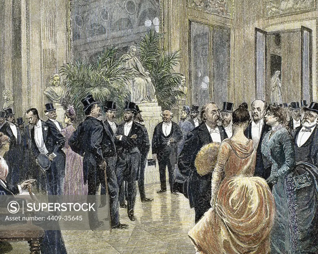 Bourgeois families in the foyer of the Theatre Francais. Colored engraving from 1885.