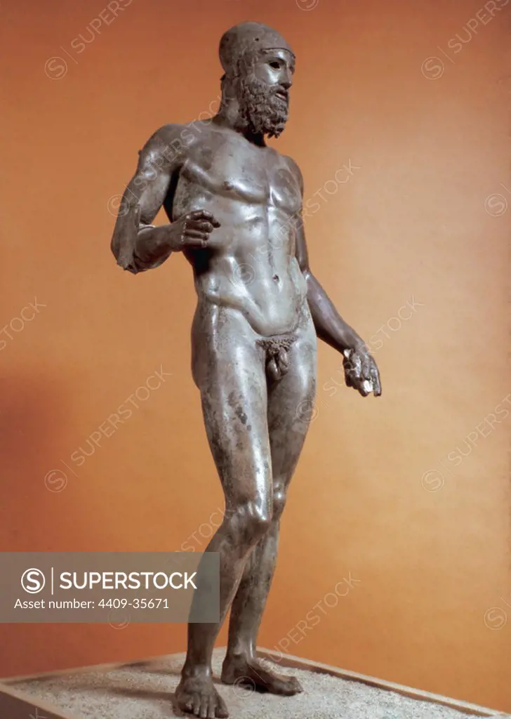 Greek art. 5th century BC. Riace Bronze. Warrior B. Nude bearded warrior about 460430 BCE. Found in the Ionian coast. Amphiaraus guess. National Museum of Magna Grecia. Reggio Calabria, Italy.