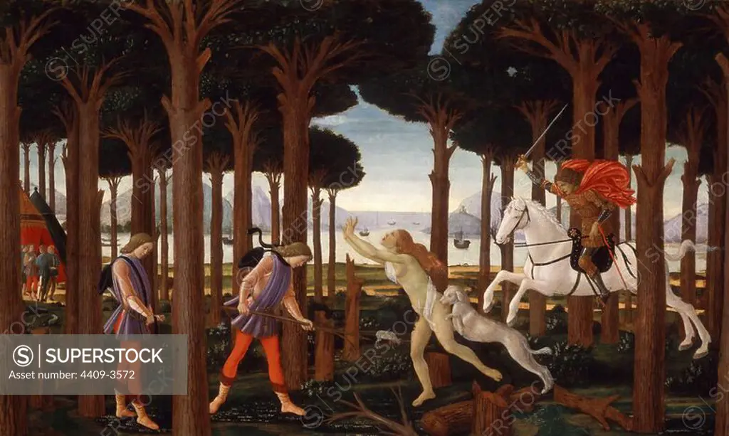 'The Story of Nastagio degli Onesti (I)', ca. 1483, Italian School, Panel, 83 cm x 138 cm, P02838. Author: SANDRO BOTTICELLI. Location: MUSEO DEL PRADO-PINTURA. MADRID. SPAIN. NASTAGIO DEGLI HONESTI. ONESTI NASTAGIO DEGLI / NASTAGIO DEGLI ONESTI.