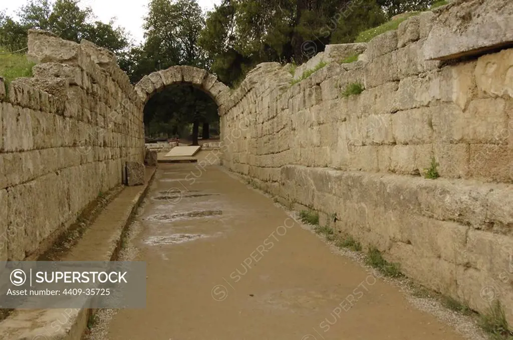 Greek Art. Sanctuary of Olympia. Olympic stadium. The vaulted tunnel leading out of the stadium. Hellenistic period. Elis. Peloponesse. Greece.