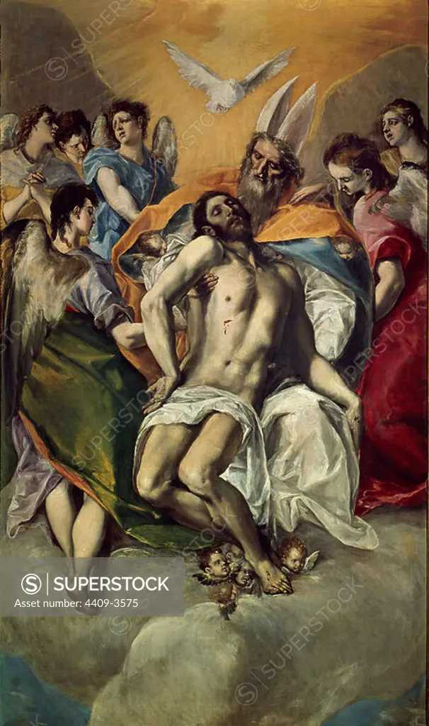 'The Trinity', 1577-1579, Oil on canvas, 300 cm x 179 cm, P00824, Before restoration. Author: EL GRECO. Location: MUSEO DEL PRADO-PINTURA. MADRID. SPAIN. JESUS. ESPIRITU SANTO. DIOS PADRE. CRISTO MUERTO. PADRE ETERNO.