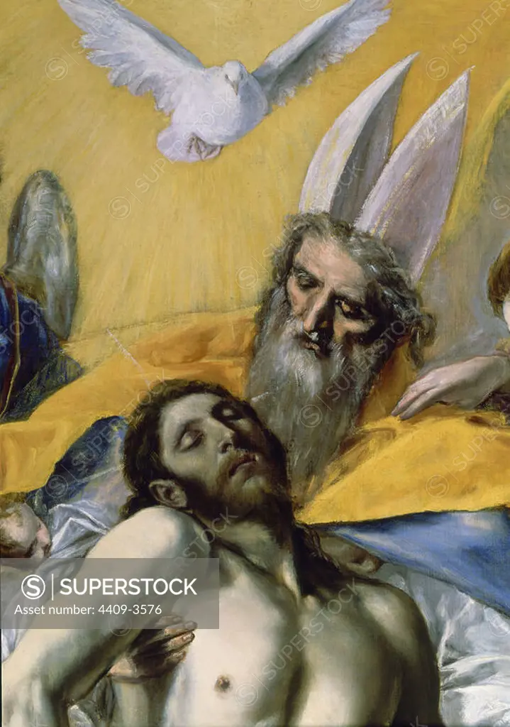 'The Trinity' (detail), 1577-1579, Oil on canvas, P00824, Before restoration. Author: EL GRECO. Location: MUSEO DEL PRADO-PINTURA. MADRID. SPAIN. JESUS. ESPIRITU SANTO. DIOS PADRE. CRISTO MUERTO. PADRE ETERNO.