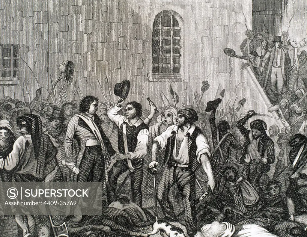 French Revolution. Execution of clerics and prisoners by members of the Paris Commune. September, 1792. Engraving. 19th century.