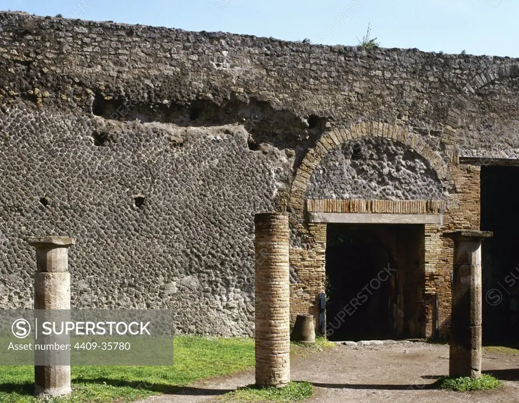 Pompeii. Ancient Roman city. Little Theatre or Odeon. Established in the 1st century BC, used to host plays and musical events. Entrance. Campania, Italy.